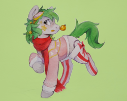 Size: 2560x2026 | Tagged: safe, artist:apple_nettle, oc, oc only, oc:lexing, pony, bell, christmas, clothes, goggles, high res, holiday, male, scarf, solo, stars, sweater