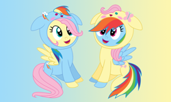 Size: 1162x695 | Tagged: artist needed, source needed, safe, fluttershy, rainbow dash, pegasus, pony, g4, abstract background, backwards cutie mark, clothes, costume, cute, dashabetes, duo, female, footed sleeper, footie pajamas, kigurumi, lesbian, mare, onesie, pajamas, pony costume, ship:flutterdash, shipping, shyabetes