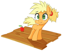 Size: 943x764 | Tagged: safe, artist:ikarooz, applejack, pony, g4, alternate hairstyle, apple, blank flank, board, cute, female, filly, filly applejack, food, jackabetes, ponytail, simple background, smiling, solo, transparent background, wood, younger