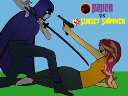 Size: 440x330 | Tagged: safe, artist:thatradhedgehog, sunset shimmer, equestria girls, g4, breasts, clothes, female, fight, gun, katana, luger p08, raven (dc comics), shimrav, socks, sword, teen titans, weapon