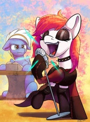 Size: 766x1043 | Tagged: safe, artist:tsitra360, derpibooru exclusive, oc, oc only, oc:electric blue, oc:seraphine night, earth pony, pegasus, pony, annoyed, clothes, facial hair, female, floppy ears, goth, lightning, makeup, microphone, open mouth, reading, singing, table