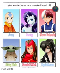 Size: 1600x1949 | Tagged: safe, artist:jotakaanimation, rarity, human, pony, unicorn, g4, aang, avatar the last airbender, bust, clothes, crossover, female, grogu, male, mare, marvel comics, my hero academia, scarlet witch, shoto todoroki, six fanarts, smiling, star wars, the mandalorian