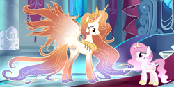 Size: 3405x1718 | Tagged: safe, artist:whiteplumage白羽, princess celestia, oc, oc:queen galaxia, alicorn, pony, g4, 's parents, base used, beautiful, celestia and luna's mother, chestplate, colored hooves, colored wings, concave belly, crown, cute, cutelestia, duo, ethereal mane, ethereal tail, ethereal wings, female, filly, filly celestia, flowing mane, flowing tail, hoof shoes, jewelry, lidded eyes, like mother like daughter, like parent like child, looking at each other, mare, mother and child, mother and daughter, multicolored tail, multicolored wings, pink-mane celestia, queen, regalia, slender, spread wings, thin, throne room, wings, young, young celestia, younger