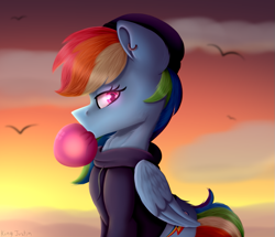 Size: 843x726 | Tagged: safe, artist:king-justin, rainbow dash, bird, pegasus, pony, seagull, g4, accessory, backwards cutie mark, beanie, bubblegum, clothes, cloud, digital art, ear piercing, female, food, gum, hat, piercing, solo, sunset