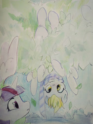 Size: 1620x2160 | Tagged: safe, artist:apple_nettle, derpy hooves, twilight sparkle, alicorn, pegasus, pony, g4, clothes, duo, female, mare, scarf, traditional art, twilight sparkle (alicorn), upside down