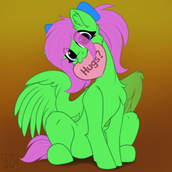 Size: 3500x3500 | Tagged: safe, artist:airfly-pony, part of a set, oc, oc only, oc:zippy sparkz, pegasus, pony, blue eyes, bow, commission, gradient background, green fur, hair bow, head tilt, heart, high res, pegasus oc, pink hair, sitting, wings, ych result