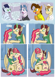 Size: 2480x3508 | Tagged: safe, artist:kozachokzrotom, cheese sandwich, donut joe, fancypants, soarin', oc, oc:king calm merriment, oc:queen motherly morning, alicorn, earth pony, pegasus, pony, unicorn, comic:couple of the crystal empire, g4, alicorn oc, aroused, biting, clothes, comic, commissioner:bigonionbean, cowboy hat, crystal, crystal empire, cutie mark, dialogue, doors, ear bite, excited, female, fusion, fusion:applejack, fusion:cheese sandwich, fusion:donut joe, fusion:fancypants, fusion:pinkie pie, fusion:rainbow dash, fusion:soarin', fusion:sunset shimmer, happy, hat, high res, horn, hug, husband and wife, magic, male, palace, romance, royalty, shocked, spanking, surprised, tail slap, thought bubble, tuxedo, winghug, wings, writer:bigonionbean