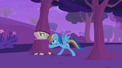Size: 1920x1080 | Tagged: safe, screencap, fluttershy, rainbow dash, pegasus, pony, g4, hurricane fluttershy, costume, disguise, female, fluttertree, mare, multicolored mane, multicolored tail, nervous, night, pushing, rainbow dash is not amused, reluctant, spread wings, tree, tree costume, unamused