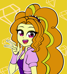 Size: 629x700 | Tagged: safe, artist:nekojackun, adagio dazzle, equestria girls, g4, my little pony equestria girls: rainbow rocks, adoragio, breasts, bust, cleavage, cute, cutie mark, eyelashes, female, graveyard of comments, looking at you, open mouth, peace sign, simple background, small breasts, smiling, solo, when she smiles, yellow background