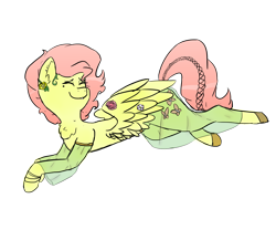 Size: 1280x1067 | Tagged: safe, artist:somelazyassartist, fluttershy, pegasus, pony, g4, alternate hairstyle, beauty mark, chest fluff, clothes, detached sleeves, ear piercing, earring, female, flower, happy, jewelry, lying down, piercing, see-through, simple background, skirt, smiling, solo, transparent background