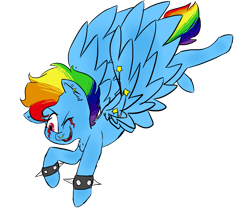 Size: 1280x1067 | Tagged: safe, artist:somelazyassartist, rainbow dash, pegasus, pony, g4, alternate hairstyle, chest fluff, clothes, ear piercing, earring, female, flying, happy, jewelry, makeup, one eye closed, piercing, simple background, smiling, solo, spiked bracers, transparent background, wink