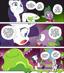 Size: 1464x1672 | Tagged: safe, artist:nekoshiei, color edit, edit, editor:anonycat, seven seas, rarity, smooze, spike, sweetie belle, dragon, pony, unicorn, g4, my little pony: the manga, my little pony: the manga volume 1, carousel boutique, clothes, colored, comic, cropped, dialogue, dress, female, filly, maid, male, mare, speech bubble, tuxedo