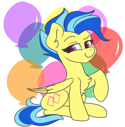 Size: 1280x1293 | Tagged: safe, artist:cadetredshirt, oc, oc only, oc:koa, pegasus, pony, balloon, looking at you, simple background, sitting, smiling, smirk, solo, transparent background, two toned mane, two toned tail