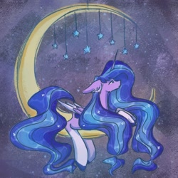 Size: 1080x1080 | Tagged: safe, artist:swear_on_the_cocoa, oc, oc only, alicorn, pony, alicorn oc, colored hooves, crescent moon, female, horn, mare, moon, night, prone, solo, stars, tangible heavenly object, transparent moon, wings