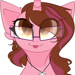 Size: 2500x2500 | Tagged: safe, artist:bublebee123, oc, oc only, oc:opacity, pony, unicorn, :p, bust, cute, ear fluff, female, freckles, glasses, high res, jewelry, looking at you, mare, necklace, ocbetes, portrait, simple background, solo, tongue out, transparent background