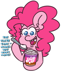 Size: 1100x1300 | Tagged: safe, artist:threetwotwo32232, pinkie pie, earth pony, pony, g4, female, food, mare, movie reference, simple background, solo, the stuff, transparent background