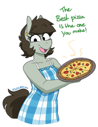 Size: 577x752 | Tagged: safe, artist:redxbacon, oc, oc only, oc:tjane, earth pony, anthro, clothes, dialogue, dress, female, food, housewife, looking at you, mare, meat, pepper, pepperoni, pepperoni pizza, pizza, solo