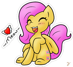 Size: 1095x1013 | Tagged: safe, artist:zutcha, fluttershy, pegasus, pony, g4, behaving like a cat, blushing, chest fluff, cute, female, happy, heart, mare, meow, open mouth, outline, raised hoof, shyabetes, simple background, sitting, smiling, solo, transparent background, white outline, wings