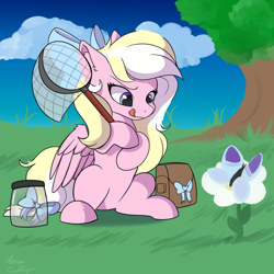 Size: 2000x2000 | Tagged: safe, artist:aurorafang, oc, oc only, oc:bay breeze, butterfly, pegasus, pony, g4, adorable face, animal crossing, bow, cloud, cottagecore, cute, determined, female, flower, grass, hair bow, high res, jar, mare, net, simple background, sky, solo, tail bow, tree