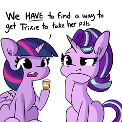 Size: 2250x2250 | Tagged: safe, artist:tjpones, part of a set, starlight glimmer, twilight sparkle, alicorn, pony, unicorn, g4, bottle, dialogue, duo, female, high res, hoof on chin, implied trixie, mare, medicine, simple background, sitting, trixie's pills, twilight sparkle (alicorn), white background