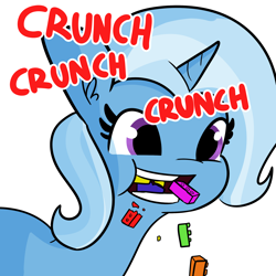 Size: 2250x2250 | Tagged: safe, artist:tjpones edits, edit, editor:background pony #91z0, part of a set, trixie, pony, unicorn, g4, bust, crying, cute, diatrixes, eating, female, high res, imminent choking, lego, mare, onomatopoeia, ouch, pain, pica, simple background, solo, tears of pain, this will end in tears, trixie's pills, wat, white background