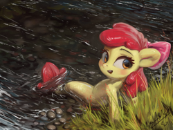 Size: 1200x900 | Tagged: safe, artist:assasinmonkey, apple bloom, pony, seapony (g4), g4, adorabloom, cute, digital painting, female, grass, looking back, open mouth, river, rock, scenery, seaponified, seapony apple bloom, sitting, solo, species swap, stream, water