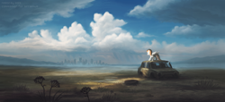 Size: 3300x1500 | Tagged: safe, artist:neeoray, oc, oc only, oc:rainy sky, pegasus, pony, fallout equestria, car, commission, digital art, fallout, scenery, scenery focus, scenery porn, solo, wasteland