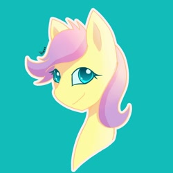 Size: 1280x1280 | Tagged: safe, artist:radioactive nero, fluttershy, pony, g4, alternate hairstyle, alternate universe, bust, cyan background, female, simple background, smiling, solo