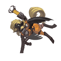 Size: 3000x3000 | Tagged: safe, artist:nsilverdraws, oc, oc only, oc:veen sundown, horse, pegasus, pony, armor, clothes, crossover, female, gravity gun, half-life, half-life 2, hev suit, high res, lambda, mare, piercing, power armor, simple background, solo, suit, sundown clan, technology