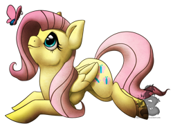 Size: 900x660 | Tagged: safe, artist:chubby-kirin, fluttershy, butterfly, pegasus, pony, g4, cute, female, mare, prone, shyabetes, simple background, solo, transparent background