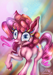 Size: 500x700 | Tagged: safe, alternate version, artist:lonaresghost, pinkie pie, earth pony, pony, g4, colored eyelashes, female, mare, open mouth, open smile, raised hoof, smiling, solo, teeth, tongue out, unshorn fetlocks