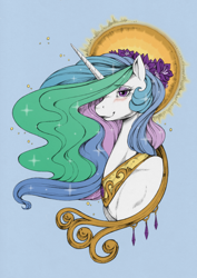 Size: 886x1249 | Tagged: safe, artist:longinius, edit, editor:bandaid bliss, princess celestia, alicorn, pony, g4, blue background, blushing, collaboration, colored, cute, cutelestia, female, flower, flower in hair, halo, mare, simple background, solo
