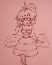 Size: 1080x1350 | Tagged: safe, artist:lukoa_san, oc, oc only, human, alicorn humanization, clothes, cuffs (clothes), dress, female, horn, horned humanization, humanized, lineart, monochrome, peace sign, solo, traditional art, winged humanization