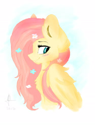 Size: 2066x2755 | Tagged: safe, artist:lumepone, fluttershy, pegasus, pony, g4, blushing, bust, chest fluff, cute, ear fluff, female, flower, flower in hair, high res, mare, profile, shyabetes, solo
