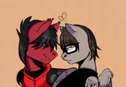 Size: 1406x970 | Tagged: safe, artist:fajnk, bat pony, pegasus, pony, bat wings, clothes, commission, ear fluff, emo, fall out boy, fangs, folded wings, gay, glasses, hair over one eye, heart, hoodie, looking at each other, male, mikey way, my chemical romance, pete wentz, ponified, shipping, shirt, simple background, stallion, t-shirt, undershirt, wings, ych result