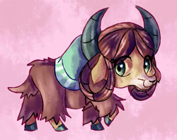 Size: 922x730 | Tagged: safe, artist:doodally-doodles, yona, yak, g4, cute, female, monkey swings, pink background, profile, raised hoof, simple background, smiling, solo, yonadorable