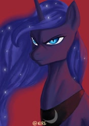 Size: 1280x1819 | Tagged: safe, artist:nire, nightmare moon, princess luna, pony, g4, digital painting, ethereal mane, female, frown, red background, signature, simple background, slit pupils, solo, starry mane, windswept mane