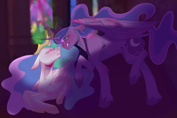 Size: 3000x2000 | Tagged: safe, artist:tealsketch2517, princess celestia, princess luna, alicorn, pony, g4, angry, canterlot castle, ethereal mane, floppy ears, high res, looking at each other, palindrome get, prone, royal sisters, scowl, stained glass