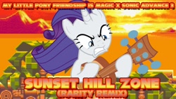 Size: 1280x720 | Tagged: safe, rarity, pony, unicorn, g4, angry, evening, female, guitar, guitarity, jungle, male, mare, mountain, musical instrument, nature, palm tree, remix, rock (music), sega, solo, song, sonic advance 3, sonic the hedgehog, sonic the hedgehog (series), sunset, sunset hill zone, tree