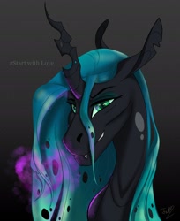 Size: 2036x2490 | Tagged: safe, artist:finchina, queen chrysalis, changeling, changeling queen, g4, bust, fangs, female, glowing, heart, high res, lidded eyes, portrait, signature, smiling, smoke, solo