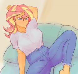 Size: 2048x1956 | Tagged: safe, artist:noupu, sunset shimmer, equestria girls, g4, breasts, busty sunset shimmer, clothes, female, jeans, lying down, pants, shirt, solo