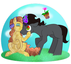 Size: 1100x1000 | Tagged: safe, artist:enigmadoodles, chestnut falls, king sombra, pony, g4, kissing, magic