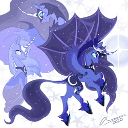 Size: 2000x2000 | Tagged: safe, artist:creeate97, nightmare moon, princess luna, alicorn, bat pony, bat pony alicorn, pony, g4, alternate design, bat wings, curved horn, ethereal mane, female, high res, hoof shoes, horn, hybrid wings, jewelry, mare, regalia, s1 luna, solo, starry mane, unshorn fetlocks, wings