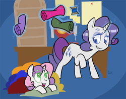 Size: 1000x790 | Tagged: safe, artist:mrtomfox, rarity, sweetie belle, pony, unicorn, g4, belle sisters, colored pupils, cute, diasweetes, duo, fabric, female, filly, mare, sewing machine, siblings, sisters