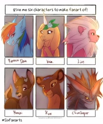 Size: 1080x1289 | Tagged: safe, artist:primarylily_brisk, rainbow dash, oc, oc:viola, big cat, deer, dragon, lion, pegasus, pony, g4, bambi, bust, cloudjumper, crossover, female, how to train your dragon, lion (steven universe), male, mare, non-mlp oc, rani, six fanarts, steven universe, the lion guard, the lion king