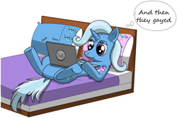 Size: 7964x5315 | Tagged: safe, artist:kody02, trixie, pony, unicorn, g4, bed, computer, dock, doll, featureless crotch, female, implied lesbian, implied shipping, implied startrix, laptop computer, on back, on bed, plushie, tongue out, toy