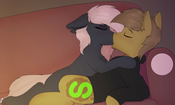 Size: 11811x7086 | Tagged: safe, artist:almond evergrow, oc, oc:almond evergrow, oc:siren shadowstone, earth pony, pony, couch, couple, intimate, kissing, lighting, making out, sirond