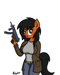 Size: 1200x1500 | Tagged: safe, artist:ponynamedmixtape, oc, oc only, oc:sharp edge, earth pony, anthro, clothes, female, gun, mp5, solo, submachinegun, trigger discipline, weapon