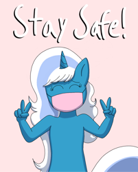 Size: 1080x1343 | Tagged: safe, artist:fruiitypieq, artist:shycookieq, oc, oc:fleurbelle, alicorn, anthro, alicorn oc, caption, commission, coronavirus, covid-19, face mask, female, horn, mare, mask, peace sign, ppe, wings, ych result