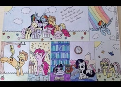 Size: 585x420 | Tagged: safe, artist:agirlwholovesmlp, angel bunny, applejack, fluttershy, pinkie pie, rainbow dash, rarity, twilight sparkle, alicorn, bird, butterfly, earth pony, pegasus, pony, rabbit, unicorn, g4, animal, applejack's hat, book, bucking, cloud, cowboy hat, cute, dashabetes, day, dialogue, diapinkes, female, flower, group hug, hat, hug, jackabetes, mane six, mannequin, mare, party, raribetes, reading, shyabetes, sky, sun, traditional art, twiabetes, twilight sparkle (alicorn)